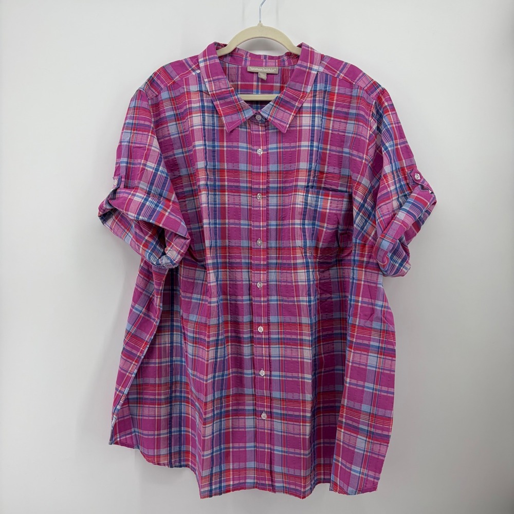 Woman Within Womens 3X Pink Plaid Button Up Short Roll Tab Sleeve Shirt